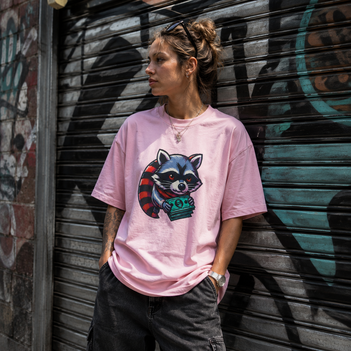 Raccoon With Cash Graphic Tee — Cute Mischievous Money Thief Streetwear T-Shirt