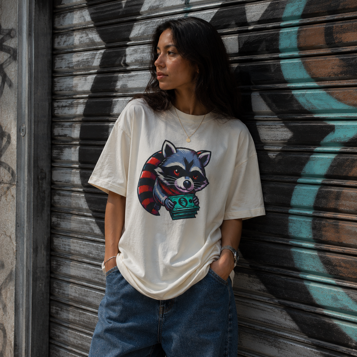 Raccoon With Cash Graphic Tee — Cute Mischievous Money Thief Streetwear T-Shirt