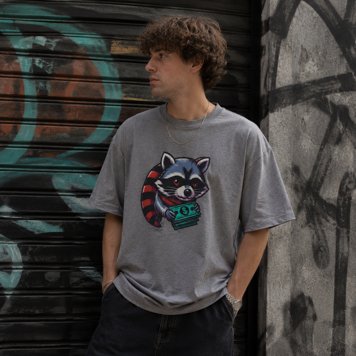 Raccoon With Cash Graphic Tee — Cute Mischievous Money Thief Streetwear T-Shirt