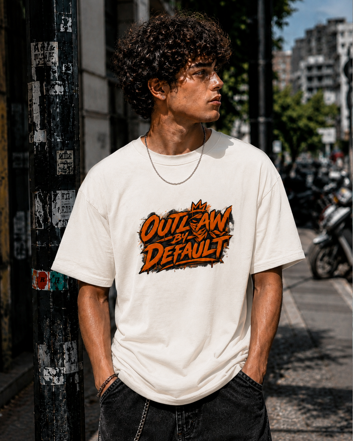 Outlaw By Default Graphic Tee — Retro Orange Grunge Logo T-Shirt