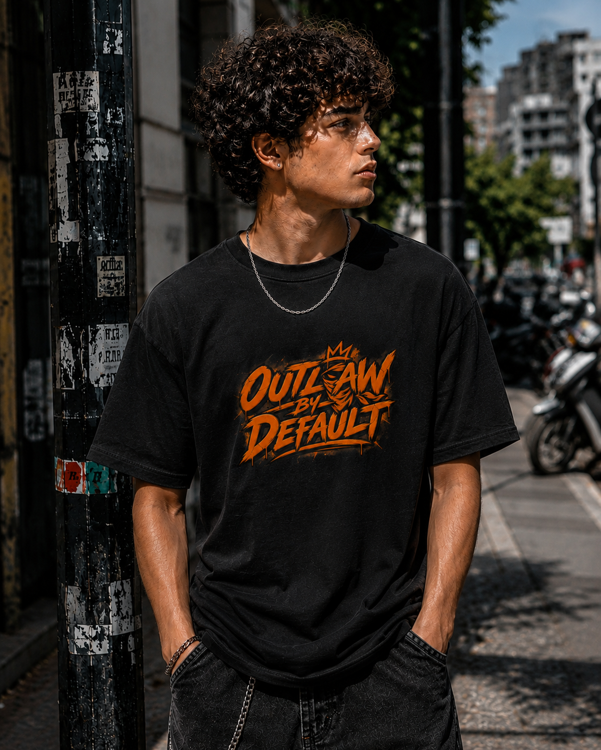 Outlaw By Default Graphic Tee — Retro Orange Grunge Logo T-Shirt